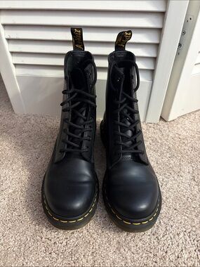 Dr. Martens Black Leather Combat Boots with Yellow Stitching